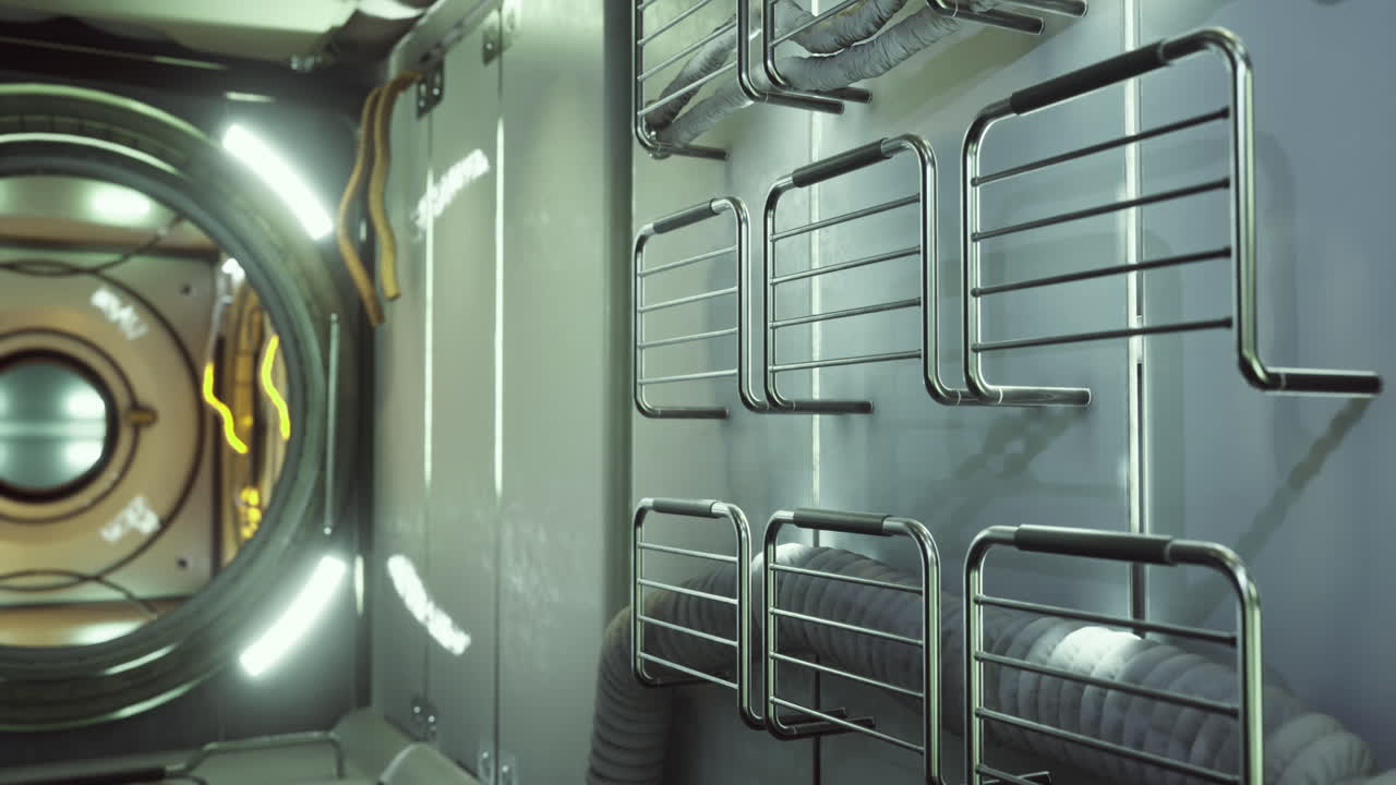 Exploring a sleek futuristic space habitat with ambient lighting