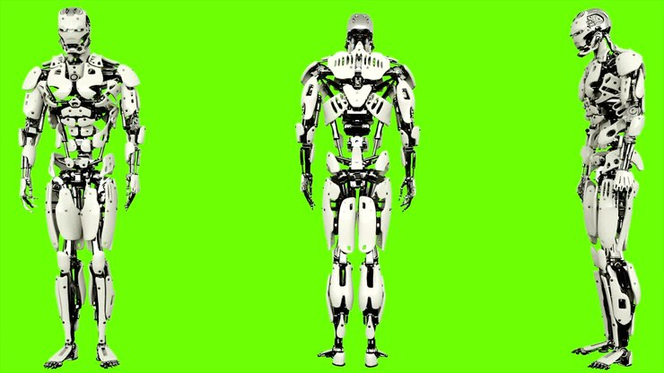 Robot androide che inserisce codice. Movimento realistico in loop su sfondo green screen. 4K