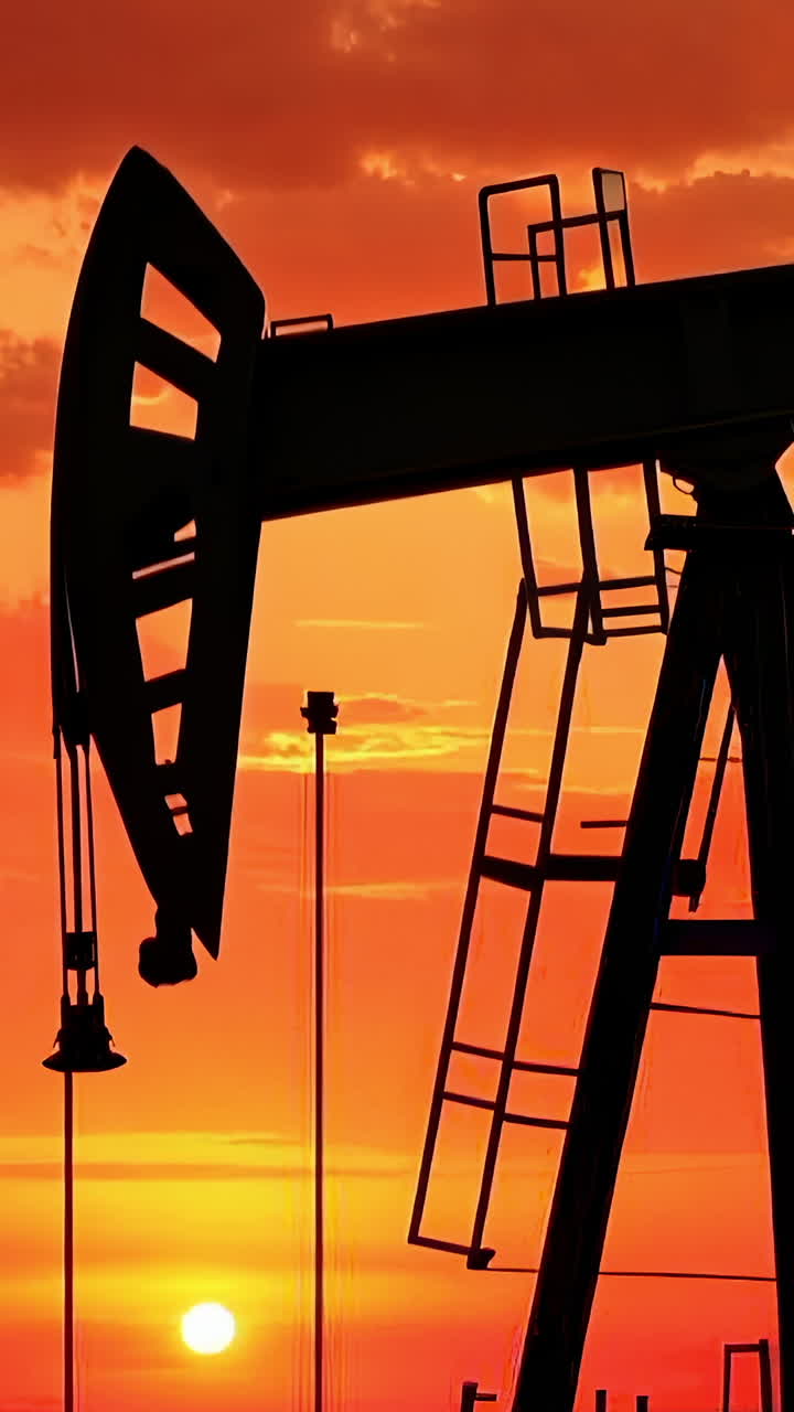 Oil Pumps Operating Against a Sunset Sky in Rural Landscape. Oil pumps work diligently as the sun sets, casting a warm glow over the rural landscape