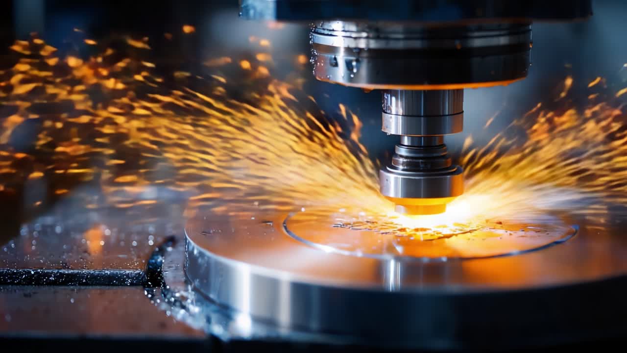 Lavorazione di precisione del metallo: primo piano di un processo di fresatura CNC con scintille e rotazione ad alta velocità, che mostra tecniche di ingegneria avanzate nelle operazioni industriali.