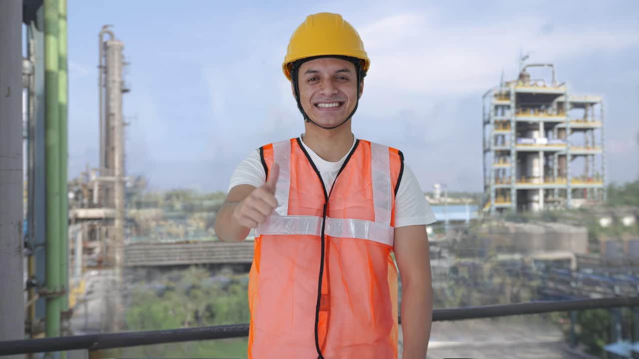 Trabajador de construcción indio feliz mostrando el pulgar hacia arriba