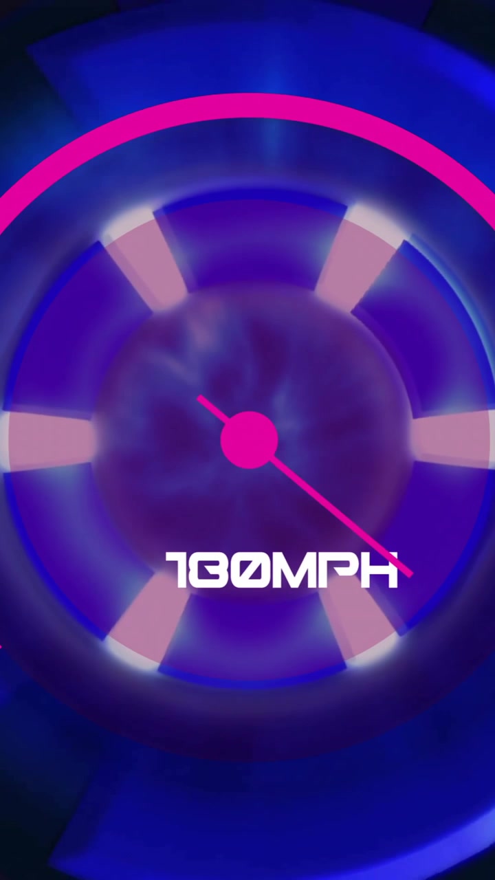 Animazione di un tachimetro che mostra 97 MPH con colori vivaci blu e rosa.