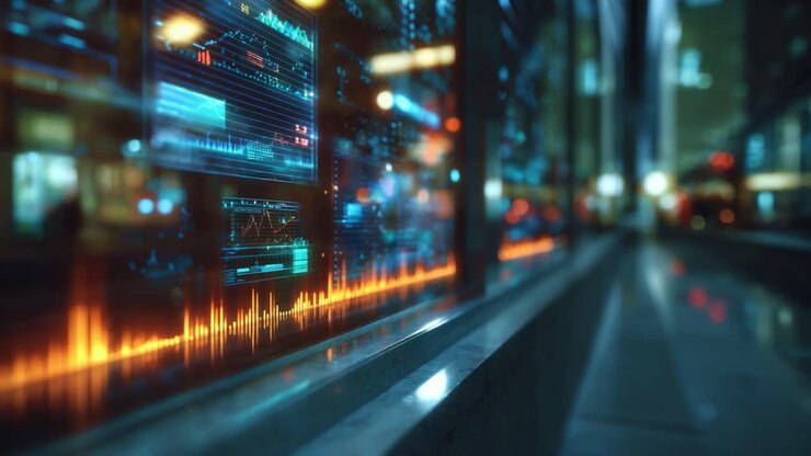 Advanced Digital Interface Displaying Real-Time Data Analysis and Visual Analytics in a Futuristic Urban Environment with Vibrant Sound Wave Patterns