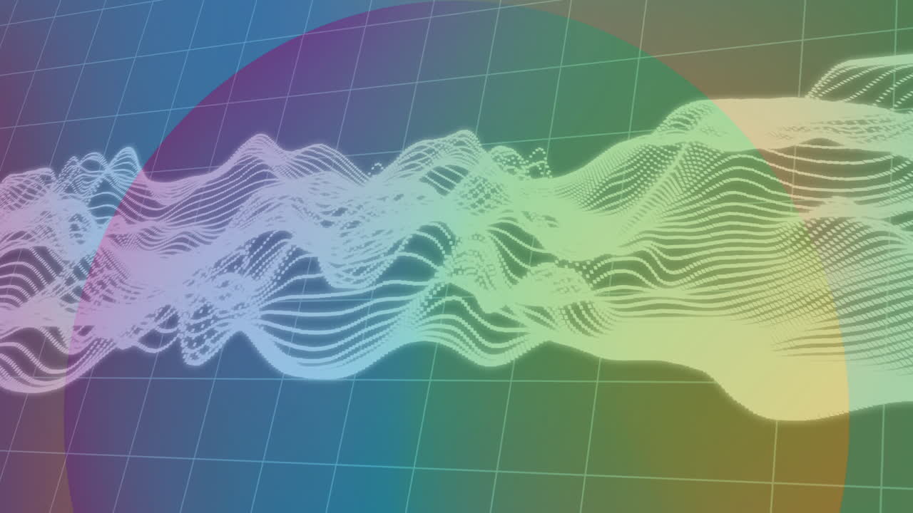 Animation of colorful wave patterns flowing over grid background with gradient hues