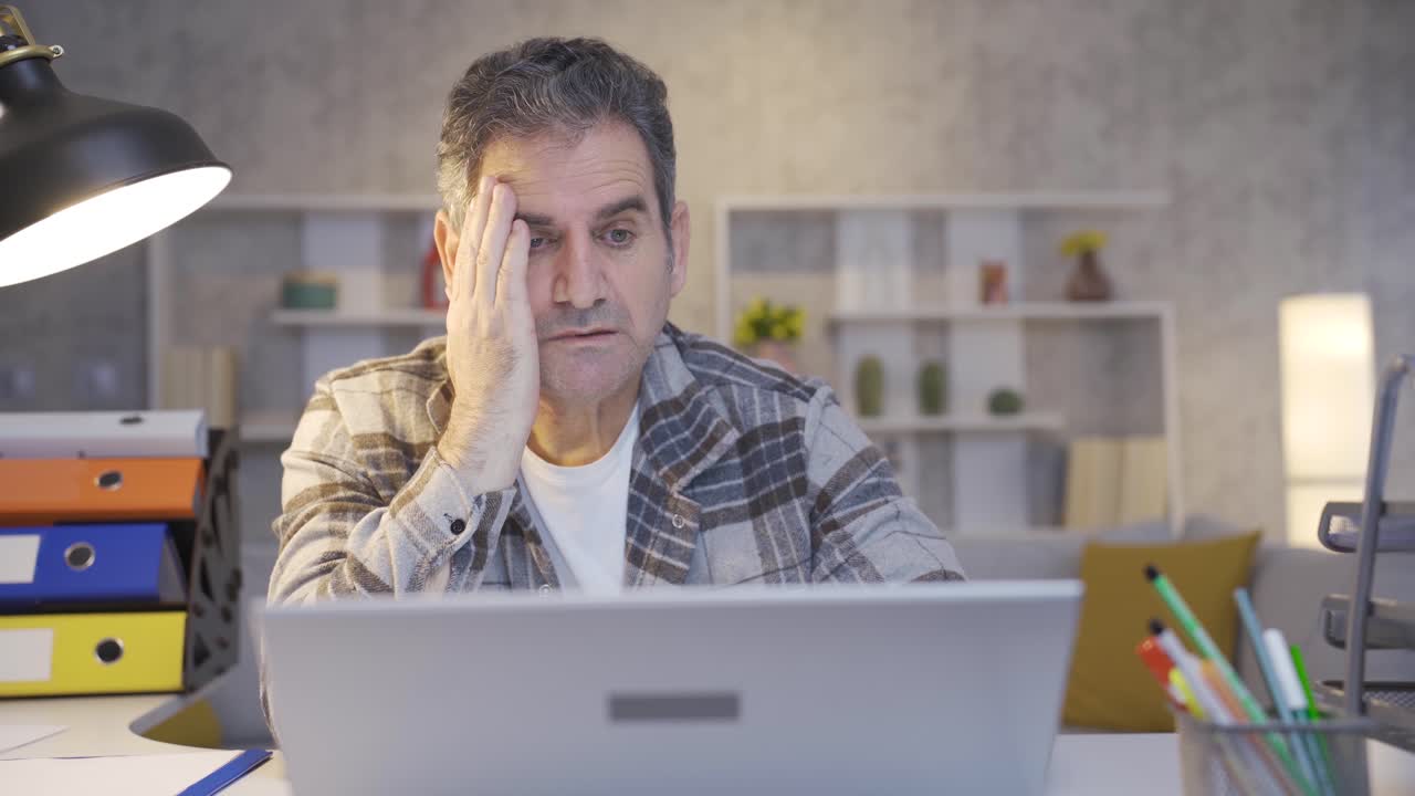 Mature man working in home office looking at laptop getting angry and aggressive.