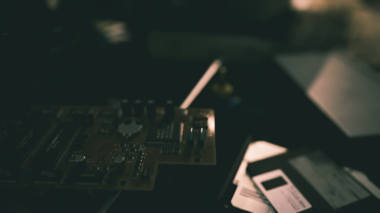 Exploring electronic circuit boards with tools in a dimly lit workspace