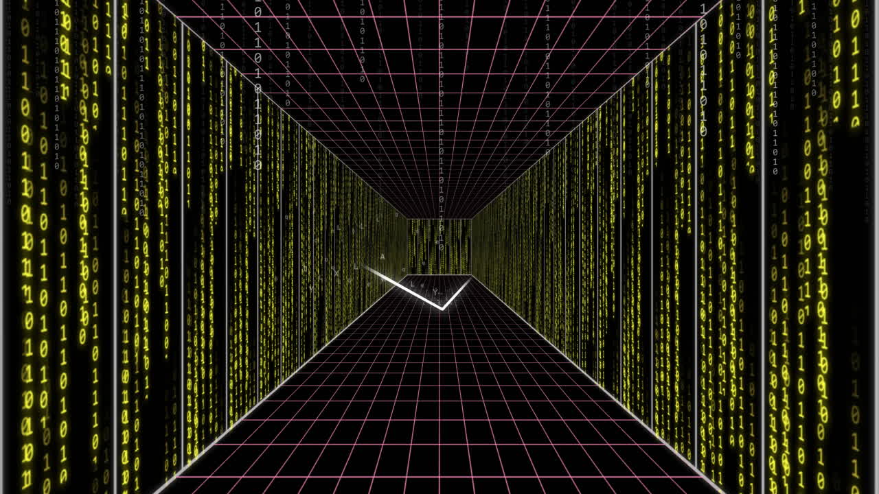 녹색 이진 코드와 그리드 라인을 가진 디지털 터널, 데이터 흐름의 애니메이션