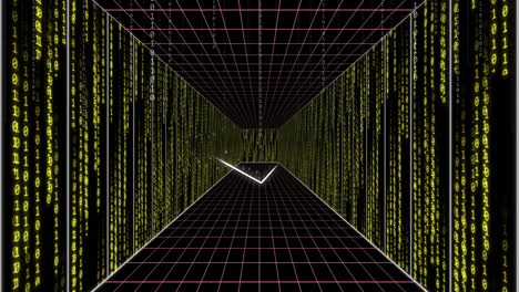 digital tunnel with green binary code and grid lines, animation of data flow