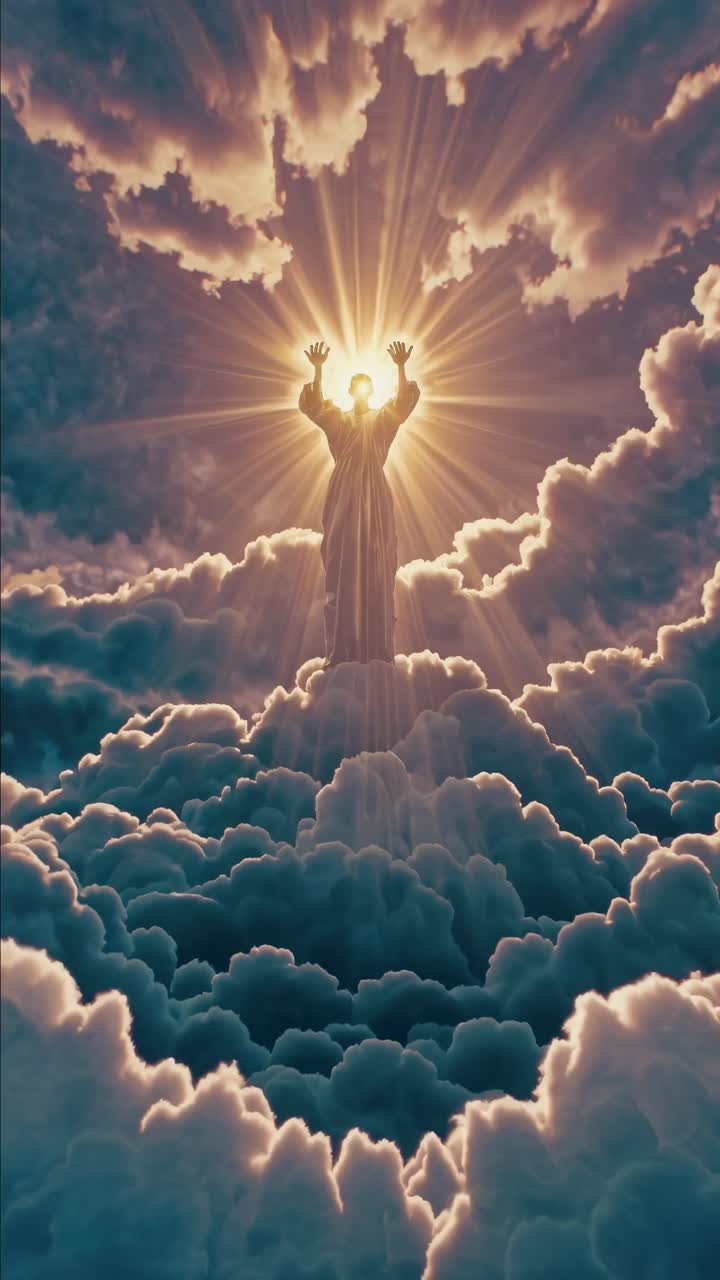 A divine figure emerges from clouds, bathed in radiant light
