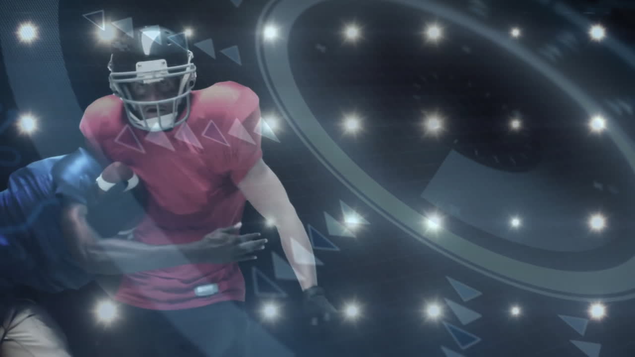 Football players tackling on digital turf, highlighting tech with glowing lights and triangles