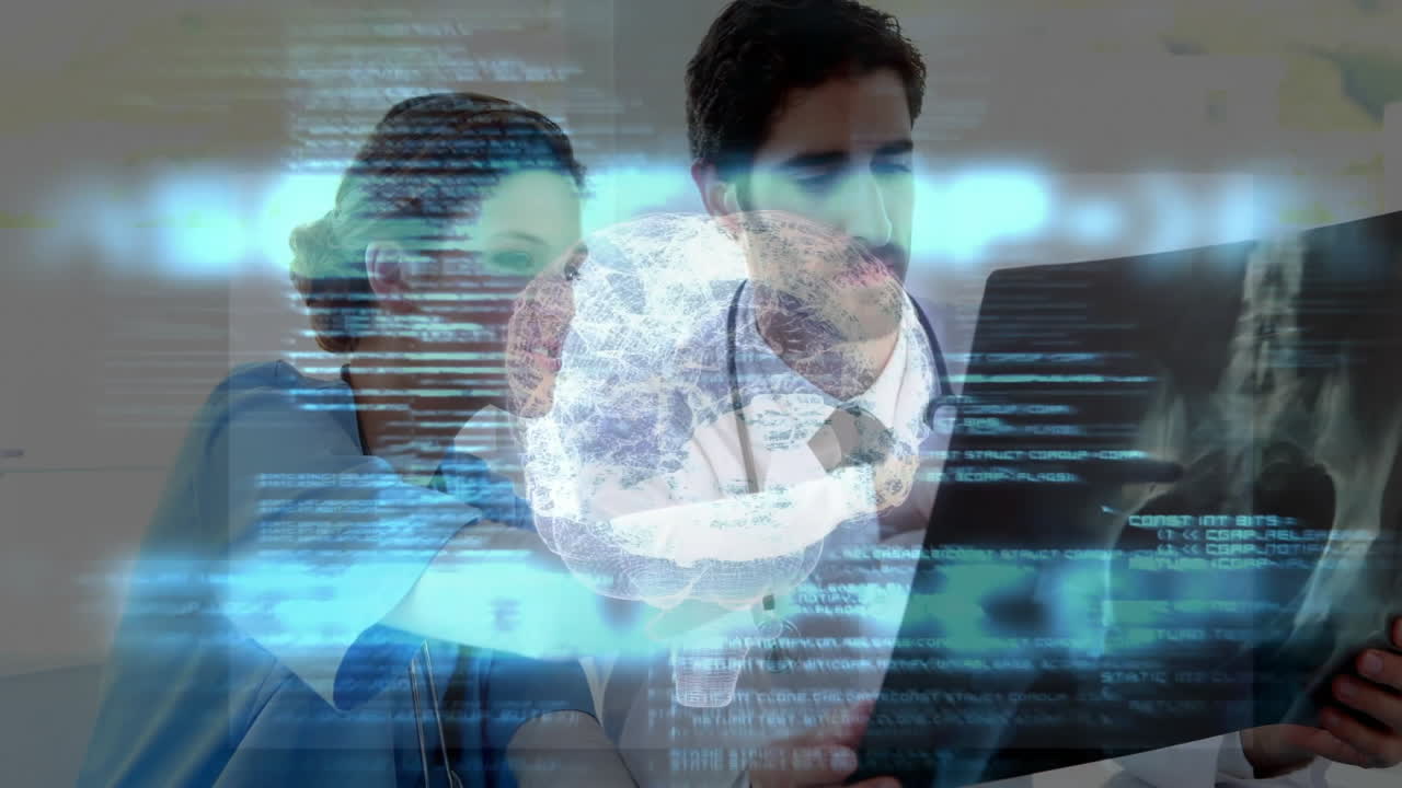 medical team reviewing tablet in clinic, showing scrolling code and floating 3D brain hologram