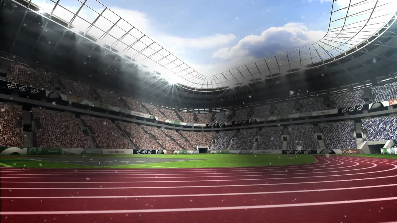 animación de nieve cayendo sobre un estadio deportivo vacío
