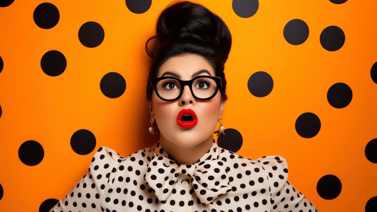 Livligt videokoncept i pop art-stil med en overrasket kvinde i polka dots