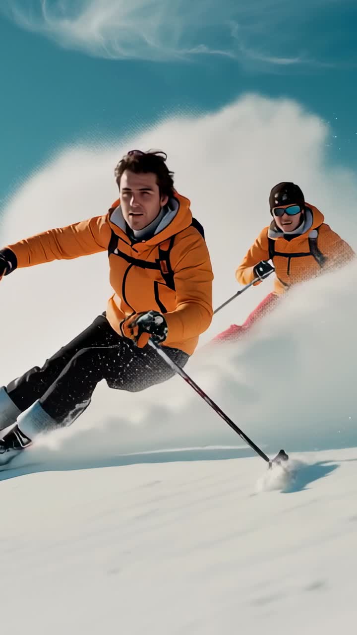 Vertical video: Starting descent skiers carving alpine slope with backpacks, kicking up powder snow