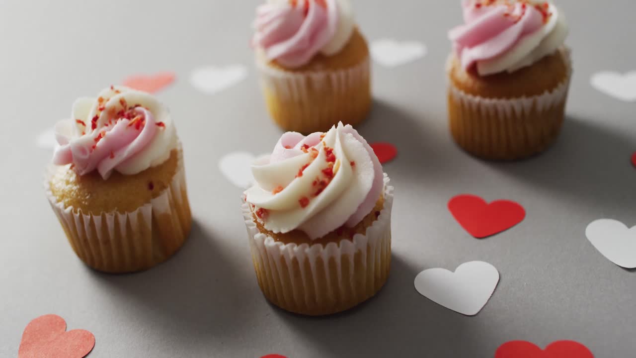 Paper hearts and cupcakes on green background at valentine's day