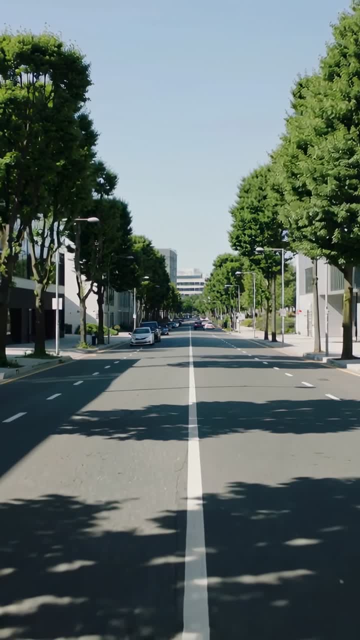Avenida arborizada ao longo da linha central branca em estrada de asfalto no centro da cidade com carros estacionados