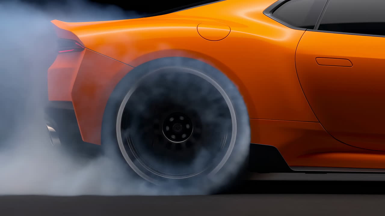 Orange sportsvogn udfører en dæk-burnout med tyk røg