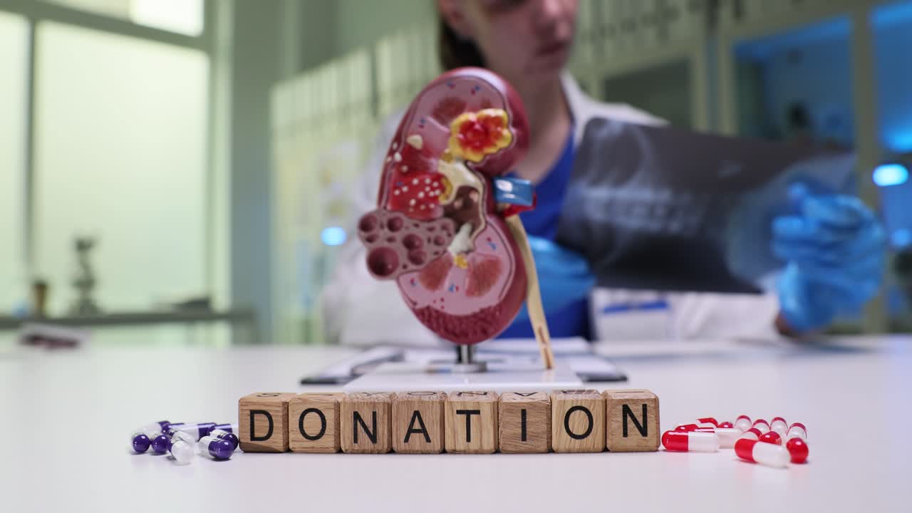 Medical concept of organ donation with kidney model, pills, and a doctor holding an X-ray