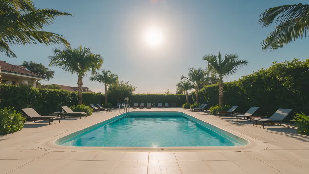 Schimmerndes Sonnenlicht und eine leichte Brise erzeugen Wellen auf einem Pool, an einem Deck mit Sonnenliegen und Palmen.
