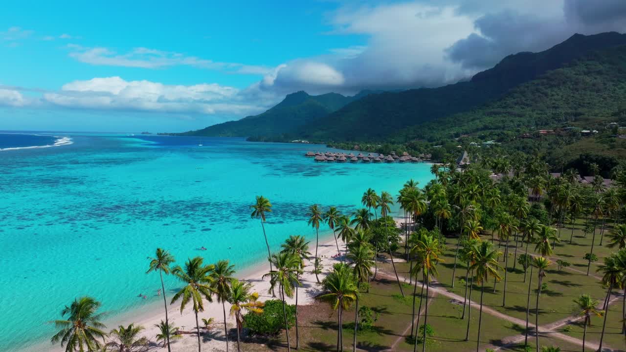 Moorea Toatea Lookout French Polynesia aerial drone turquoise blue water coral reef vista point observation deck Tema'e Sofitel Kia Ora Public Beach Beach Resort Belvedere De Toatea forward motion