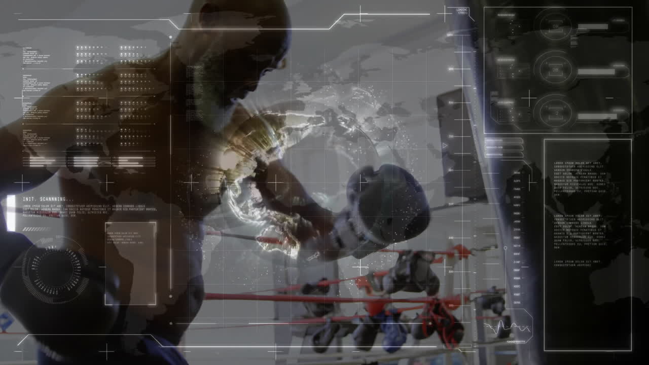 Shirtless male boxer throwing punch in gym, highlighting health tech with digital grid scanning HUD