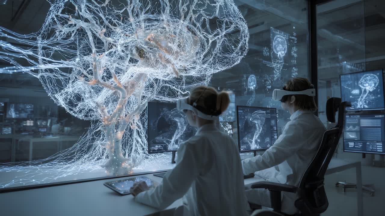Exploring the Frontiers of Neuroscience: A High-Tech Laboratory Equipped with Advanced Virtual Reality Displays Illustrating the Complex Neural Networks of the Human Brain in a Futuristic Research Facility