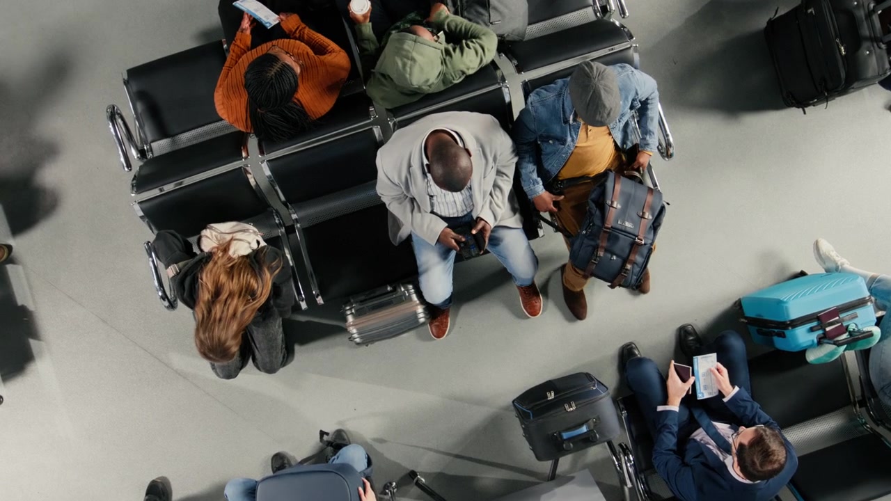 Waiting, top down view and men with women in airport lounge