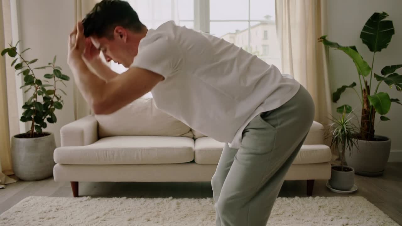 Forward-folding man in white tee and gray sweats after arm raise, warming up near cream sofa