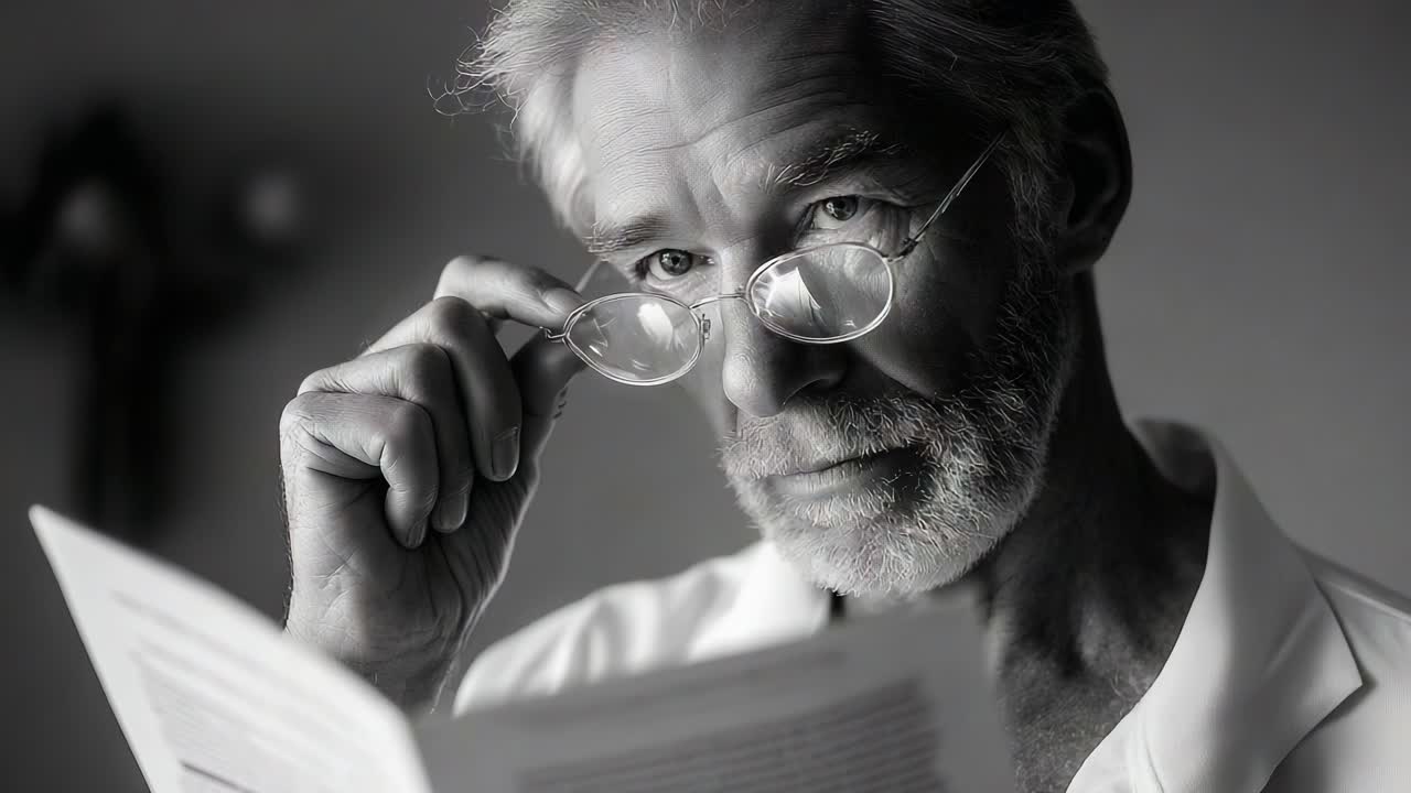A Pensive Elder Man Examining a Document with Intense Focus in Black and White, Capturing the Essence of Curiosity, Reflection, and Wisdom in a Thoughtful Moment