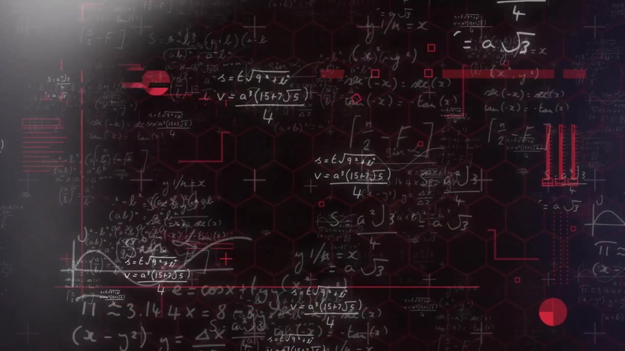Oblique light beam entering sweeping hex grid, animating formulas, red shapes revealing interface