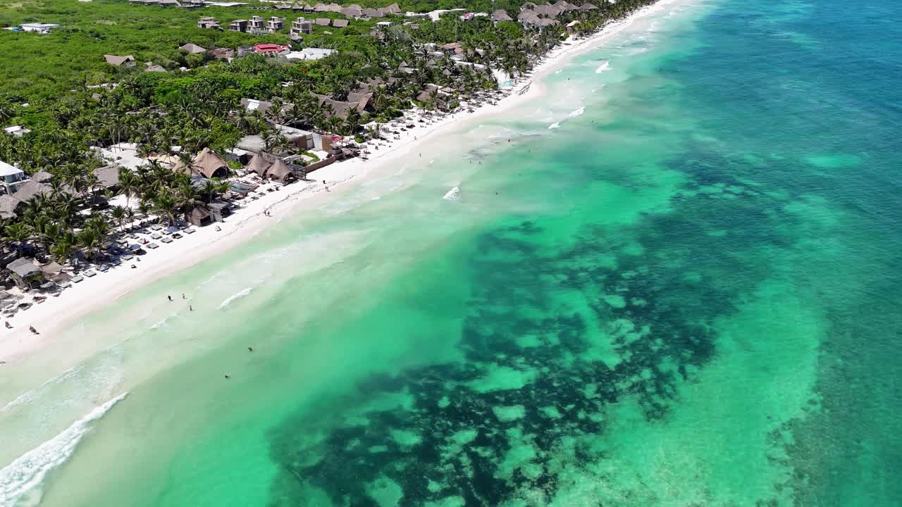 Aerial View of Tulum, Mexico, Turquoise Caribbean Sea, Beach With White Sand and Beachfront Resorts