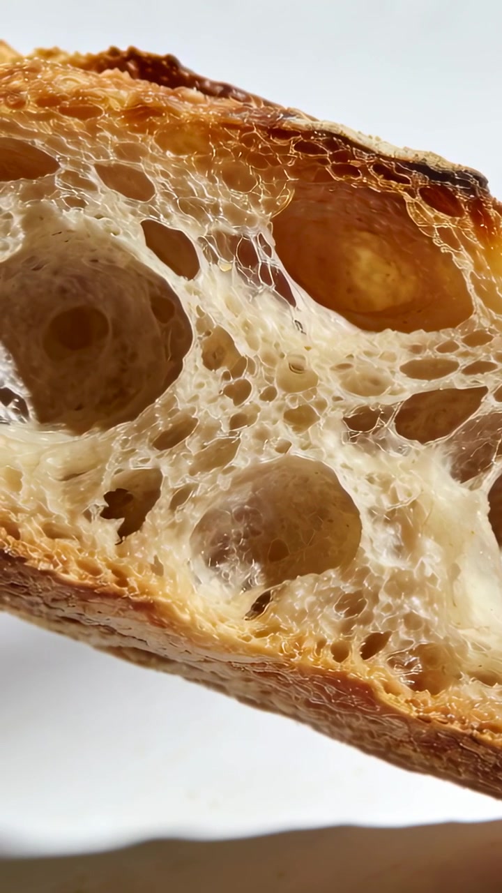 Vertikales Video: Hand hebt gerissenes Brot, dreht es, offenbart offene Krume auf weißem Hintergrund zur Untersuchung.