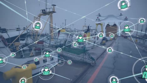 Animation-of-network-of-connections-over-drone-with-parcel-over-harbor