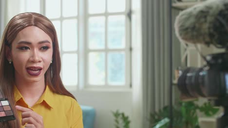 influencer young transgender woman blogger talks about makeup. blogger talks facial beauty treatments. vlogger broadcasts how to use of cosmetic in home studio