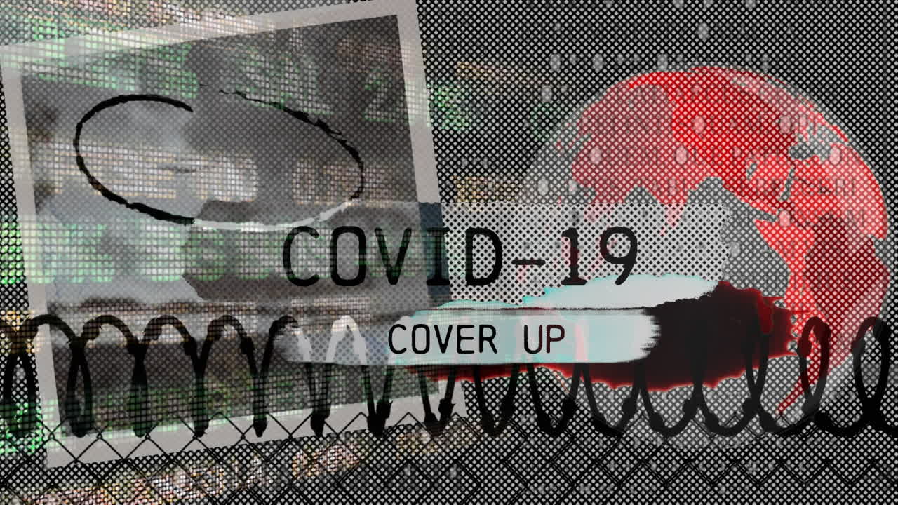 코로나19라는 단어의 애니메이션은 전 세계를 가리키고 데이터 프로세스를 처리합니다.