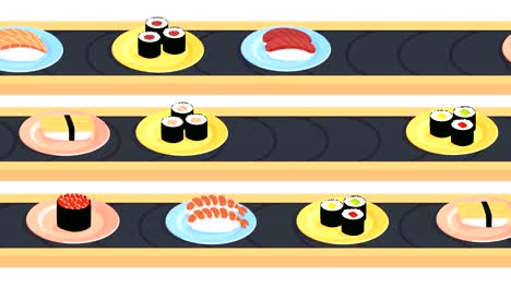 animación en bucle de cintas transportadoras de sushi con una variedad de sushi diferentes