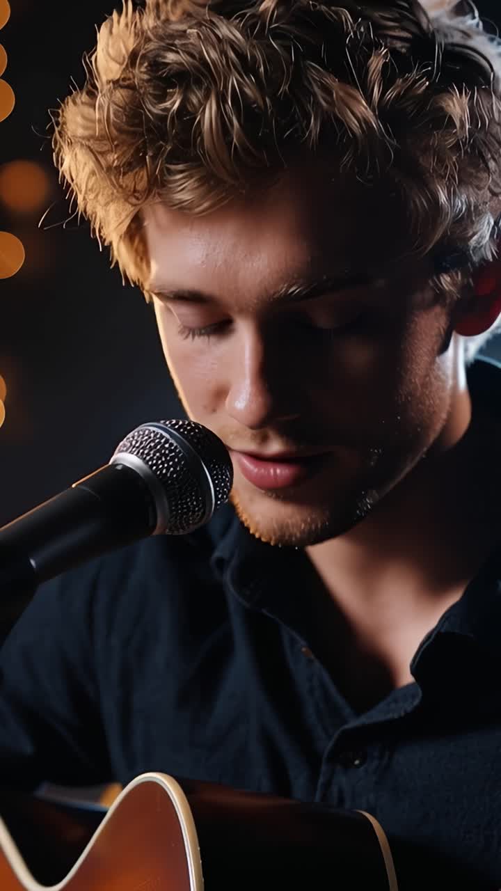 Emozionante performance acustica: un cantante con passione impegnato in un'espressione musicale sentita sotto luci calde e uno sfondo bokeh testurizzato.