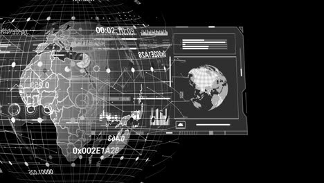 Animación-De-Pantalla-Y-Procesamiento-De-Datos-Sobre-El-Globo-Sobre-Fondo-Negro