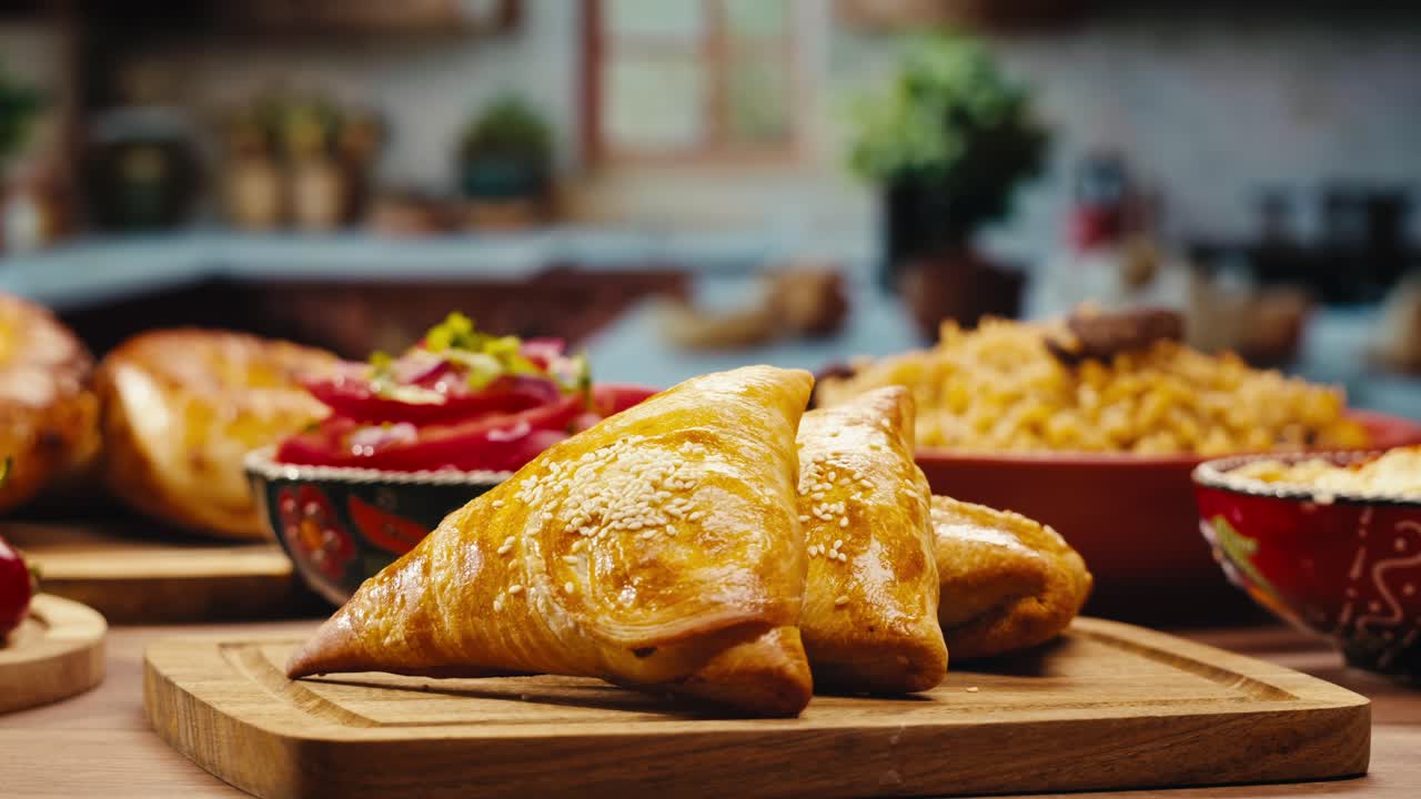 deliciosos pasteles de triángulo con ensalada y arroz