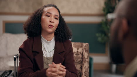 a woman talking during a business interview
