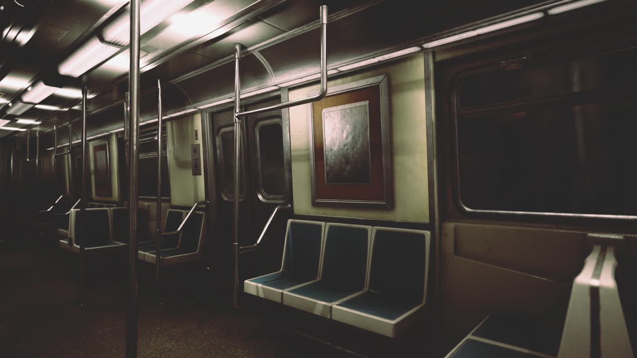 Vagone della metropolitana vuoto immerso in una luce soffusa durante il tragitto serale