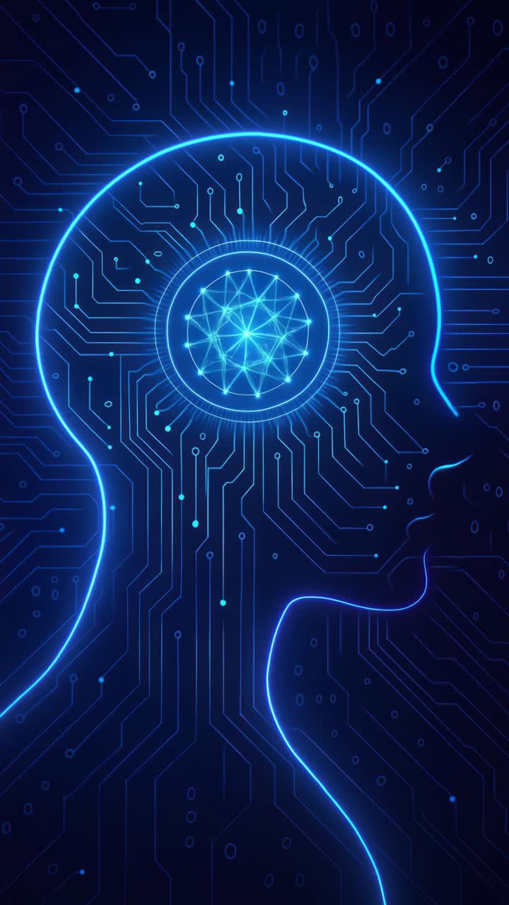 Futuristic side profile of a human head with circuit patterns, viewed from a side angle
