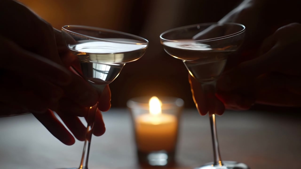 Hænder holder cocktailglas nær et stearinlys. Dæmpet stearinlysbelyst barscene viser to hævede martiniglas.