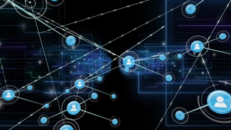 Central blå brugernode pulserer, sender glødende linjer og danner knudepunkter for at vise p2p-dataflow.