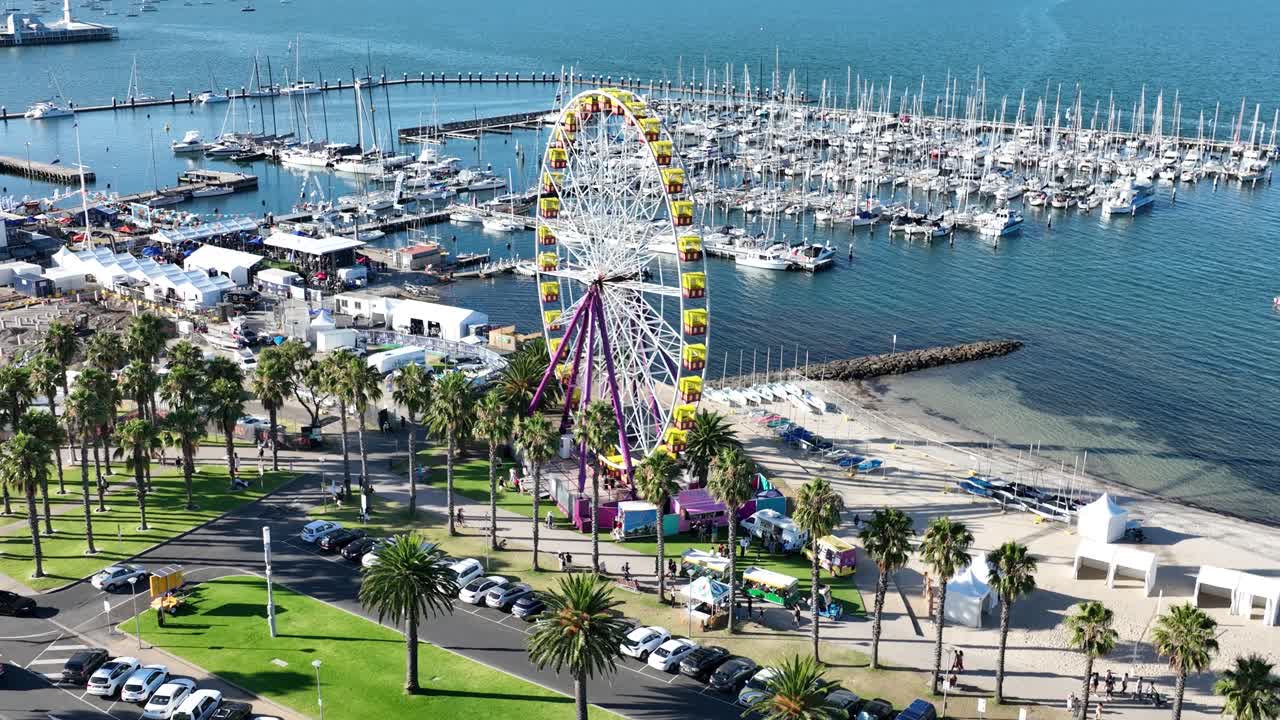 Drone footage of a Ferris wheel near Beach