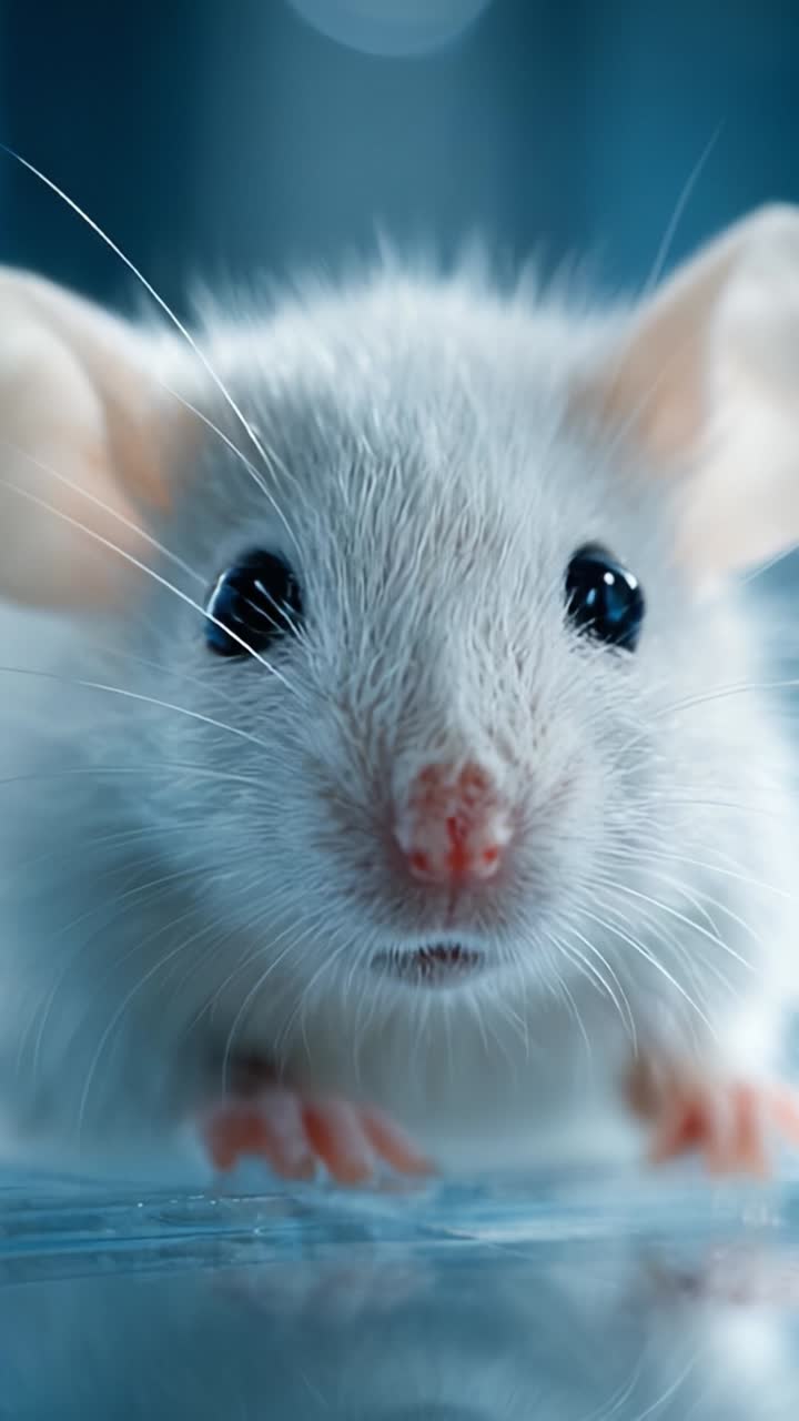 Primo piano di un bellissimo topo bianco ripreso in due fotogrammi distinti, che ne mette in risalto le caratteristiche affascinanti e i movimenti aggraziati in un ambiente sereno