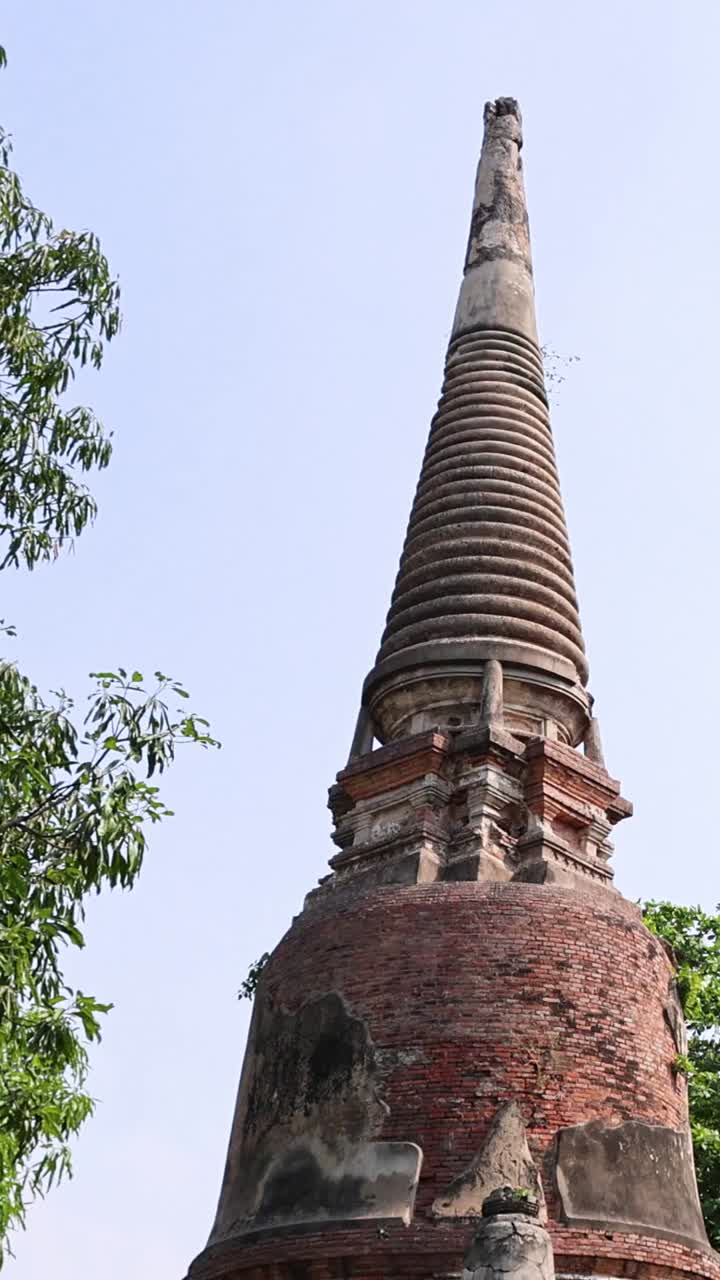 lentamente a través de una pagoda histórica y árboles.