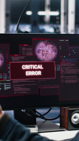 vertical video team of engineers in data center struggles with malfunctions while using ai