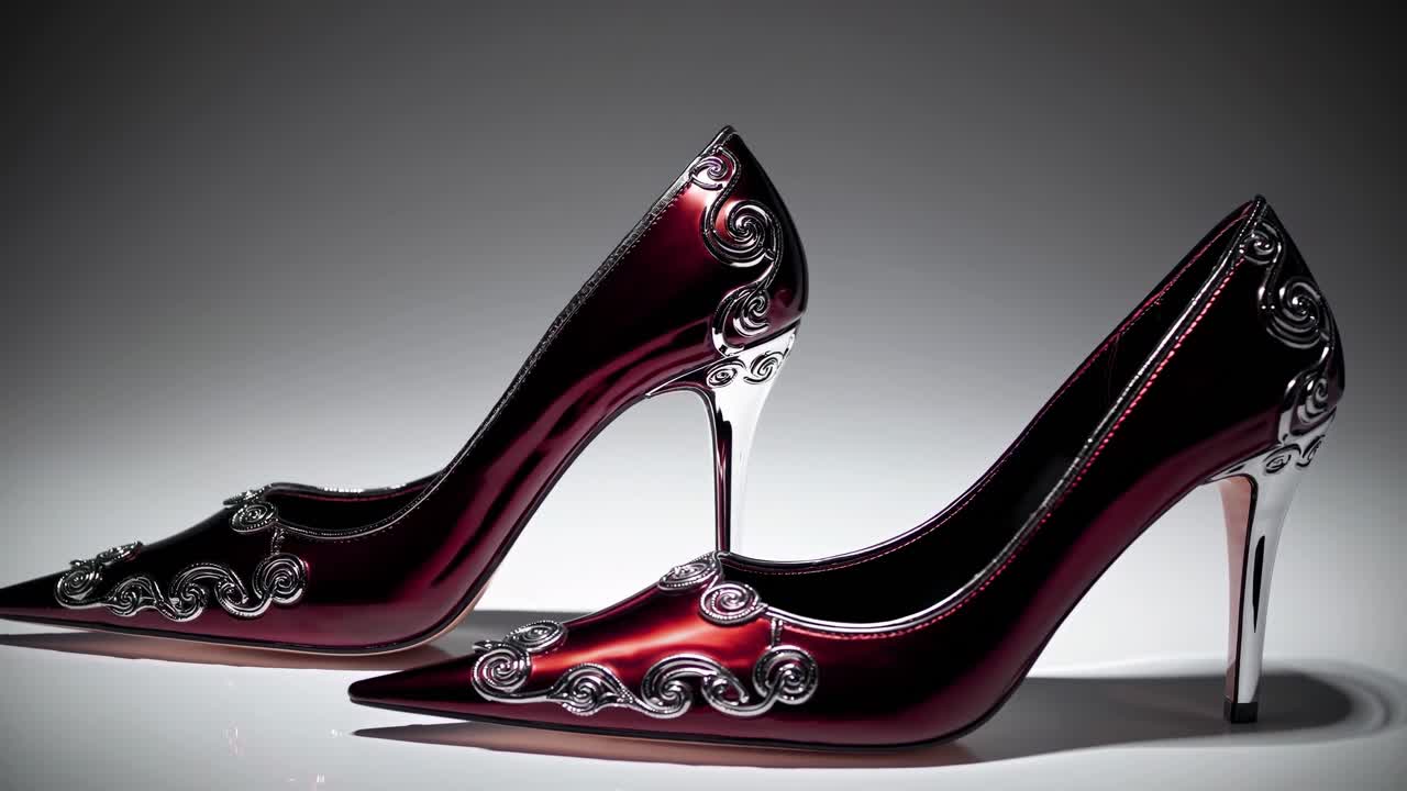 Burgundy high heels with silver decorations, standing on a white surface, in a close up shot emphasizing their elegant design and craftsmanship