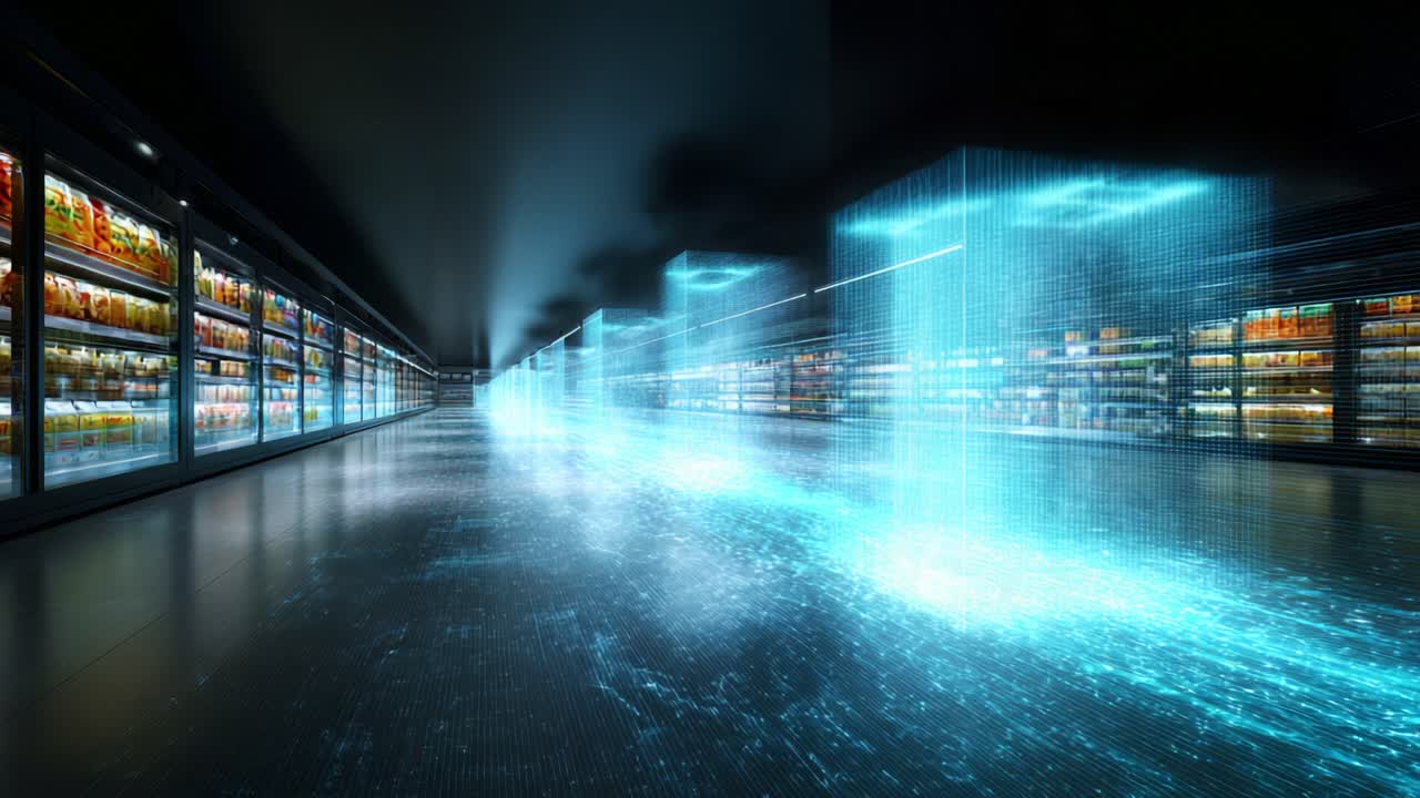 Futuristic Aisle: A Glimpse into a High-Tech Supermarket Featuring a Flow of Digital Streams Transforming the Shopping Environment with Innovative Technology